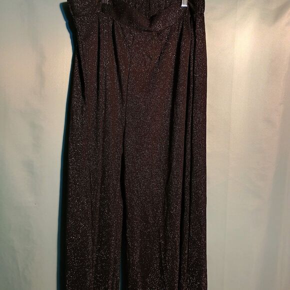 Women’s Black Metallic Wide Leg Pants – High Waist Sparkle Trousers Size XL - Picture 2 of 4